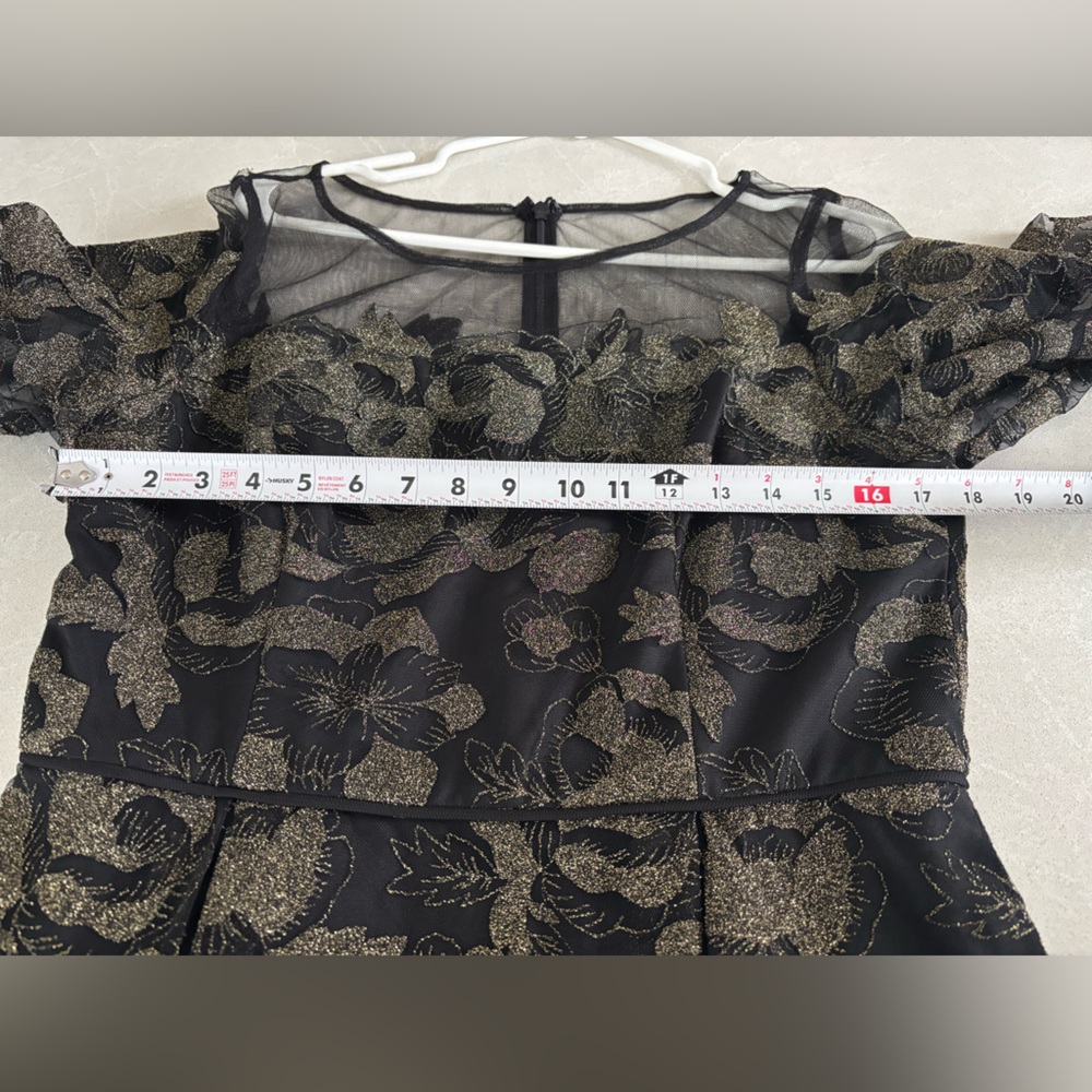 Adrianna Papell Black and Gold Lace Mesh Dress Long Sleeves Gown Size 12 - Picture 9 of 16